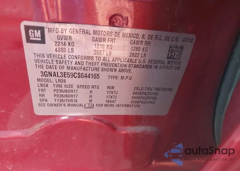 2012 Chevrolet Captiva Sport Lt из США, поврежденный, VIN 3GNAL3E59CS644165